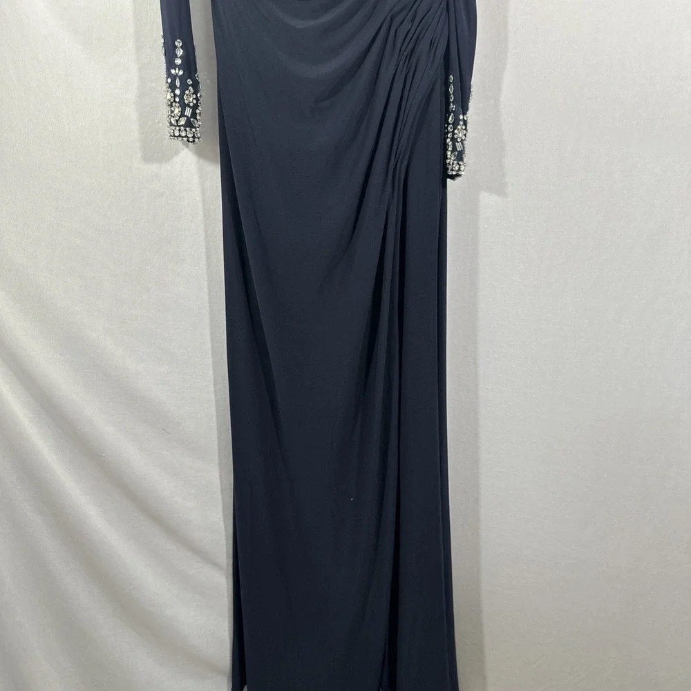 NWT $398 Mac Duggal [ 6 ] 12527 Bead Cuff Drop Shoulder Gown Midnight Blue J1697 - Picture 10 of 14